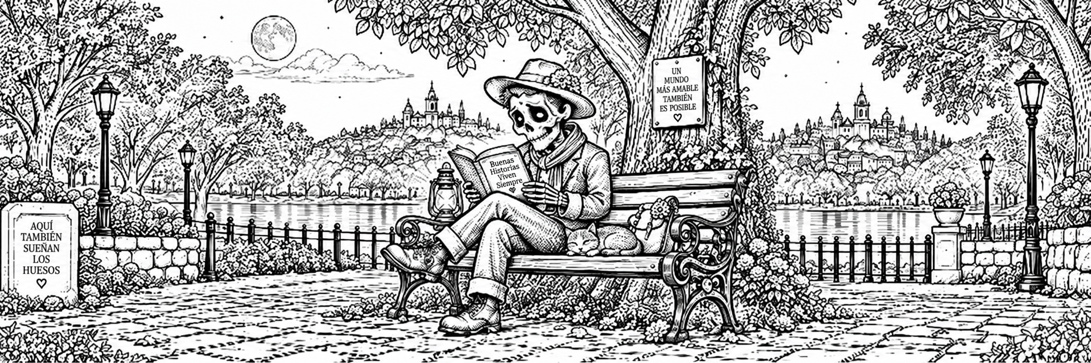 Line drawing of a Calavera reading in a moonlit park
